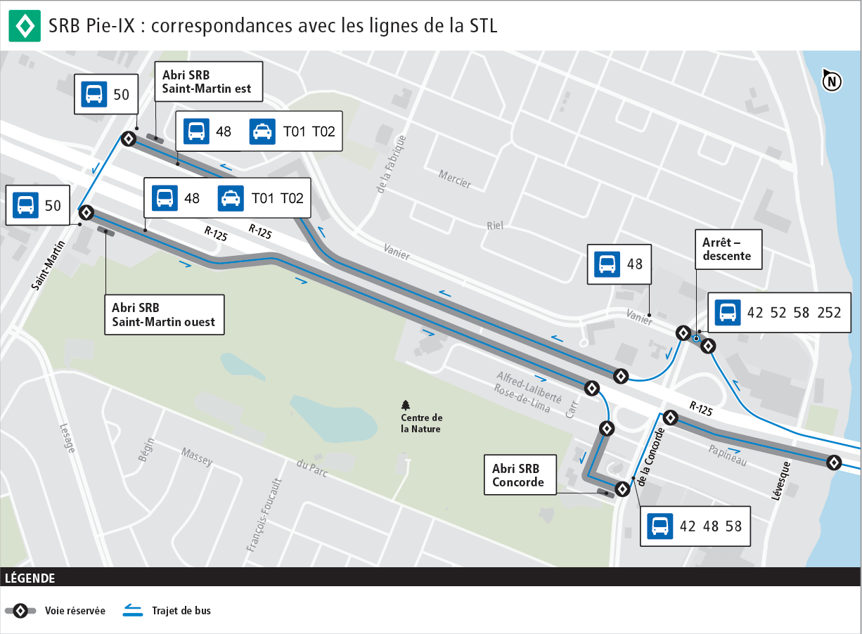 Pie-IX rapid bus service can transfer to routes 50 and 48 at Saint-Martin station and routes 42, 48 and 58 at De la Concorde station.