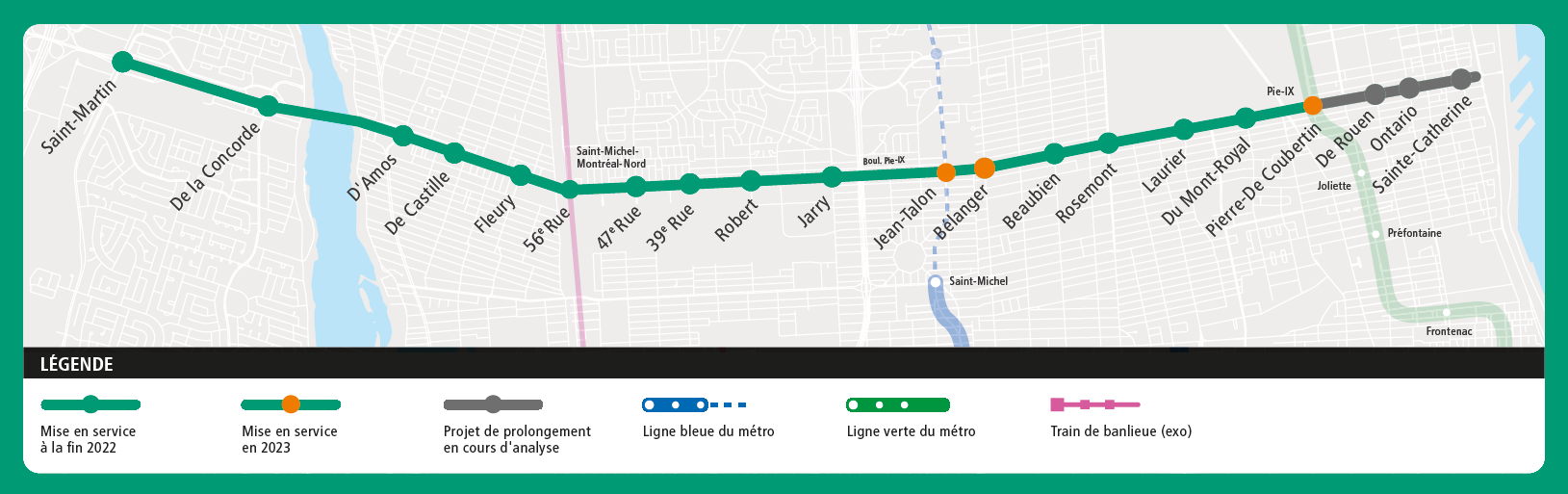 Le service rapide par bus Pie-IX va du boulevard Saint-Martin à Laval jusqu’à l’avenue Pierre-de-Coubertin.