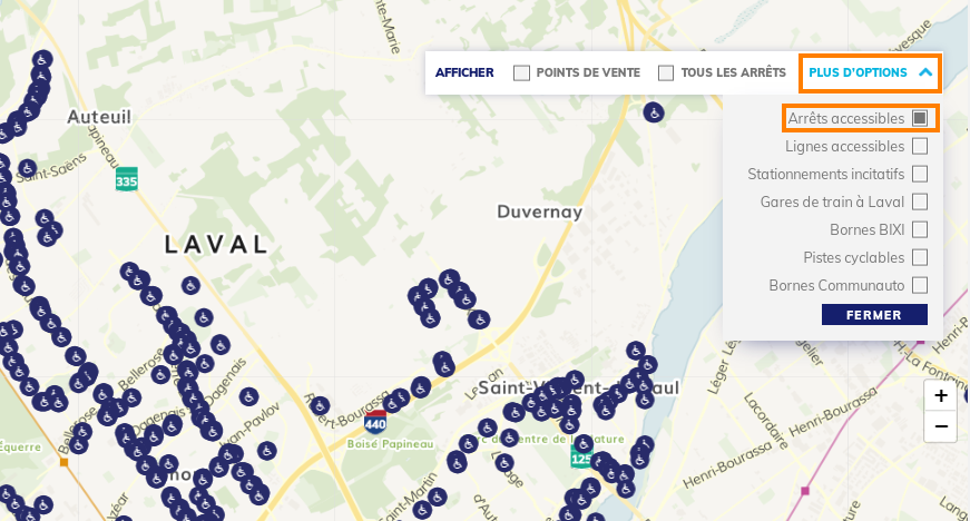 Carte montrant les arrêts accessibles avec le filtre d'affichage du planificateur