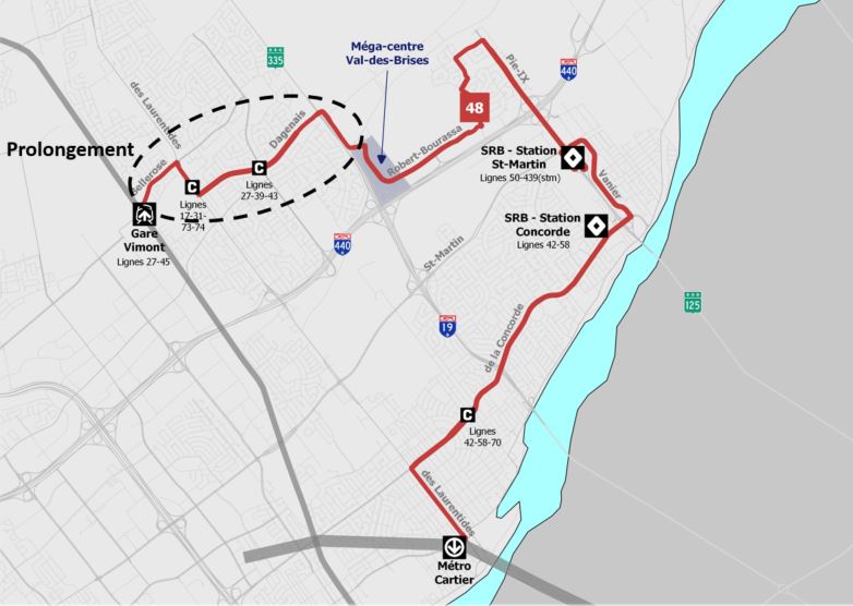Carte du nouveau tracé de la ligne 48 prolongée en remplacement du taxi collectif T48