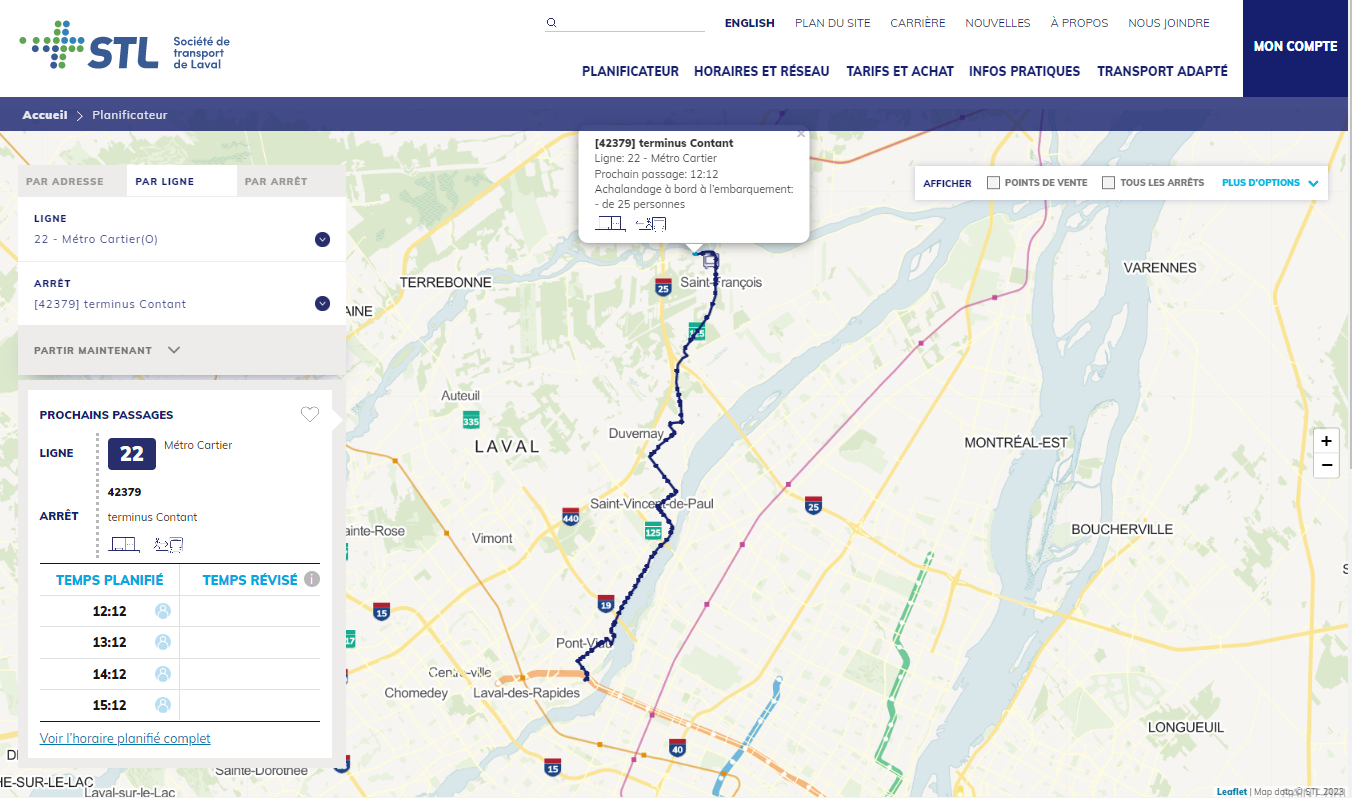 Tracé d'une ligne d'autobus sur la carte interactive du Planificateur